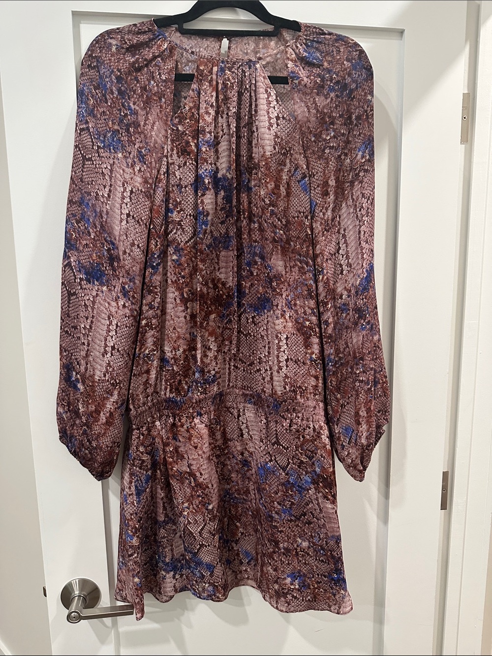 Ramy Brook silk Printed Long-Sleeve Shift Dress in Brown and Blue Snakeskin